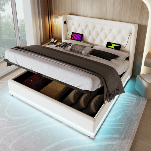 Cama de casal de pu 140x200cm com armazenamento,luz led,branco