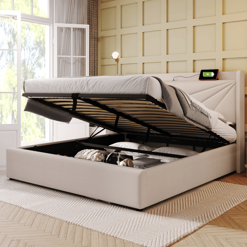 Cama de casal de linho 180x200cm com armazenamento,bege