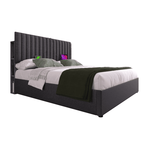 Cama de casal de linho 140x200cm com armazenamento,luz led,cinzento Cama de casal de linho 140x200cm com armazenamento,luz led,cinzento