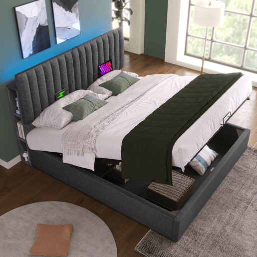 Cama de casal de linho 140x200cm com armazenamento,luz led,cinzento Cama de casal de linho 140x200cm com armazenamento,luz led,cinzento