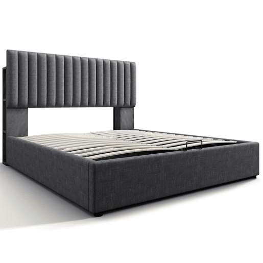 Cama de casal de linho 140x200cm com armazenamento,luz led,cinzento Cama de casal de linho 140x200cm com armazenamento,luz led,cinzento