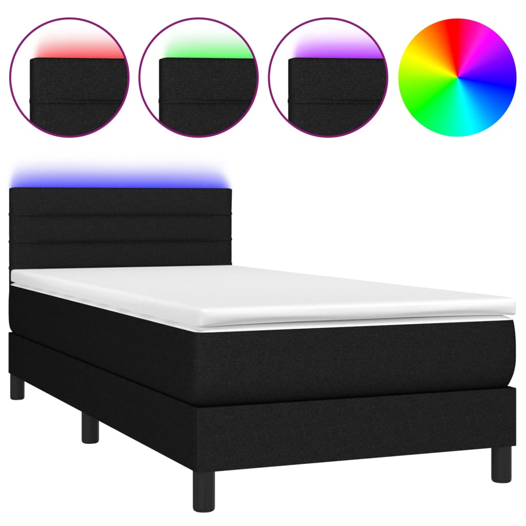 Cama box spring colchón y luces led tela negro 90x200 cm rayas horizontales