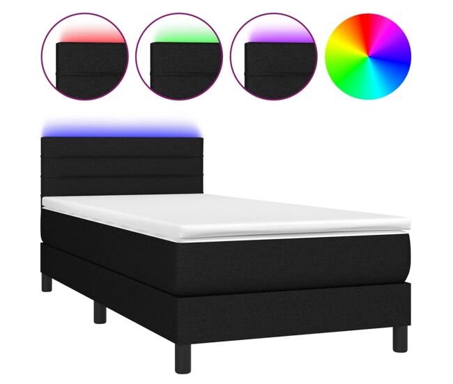 Cama box spring colchón y luces led tela negro 90x200 cm rayas horizontales