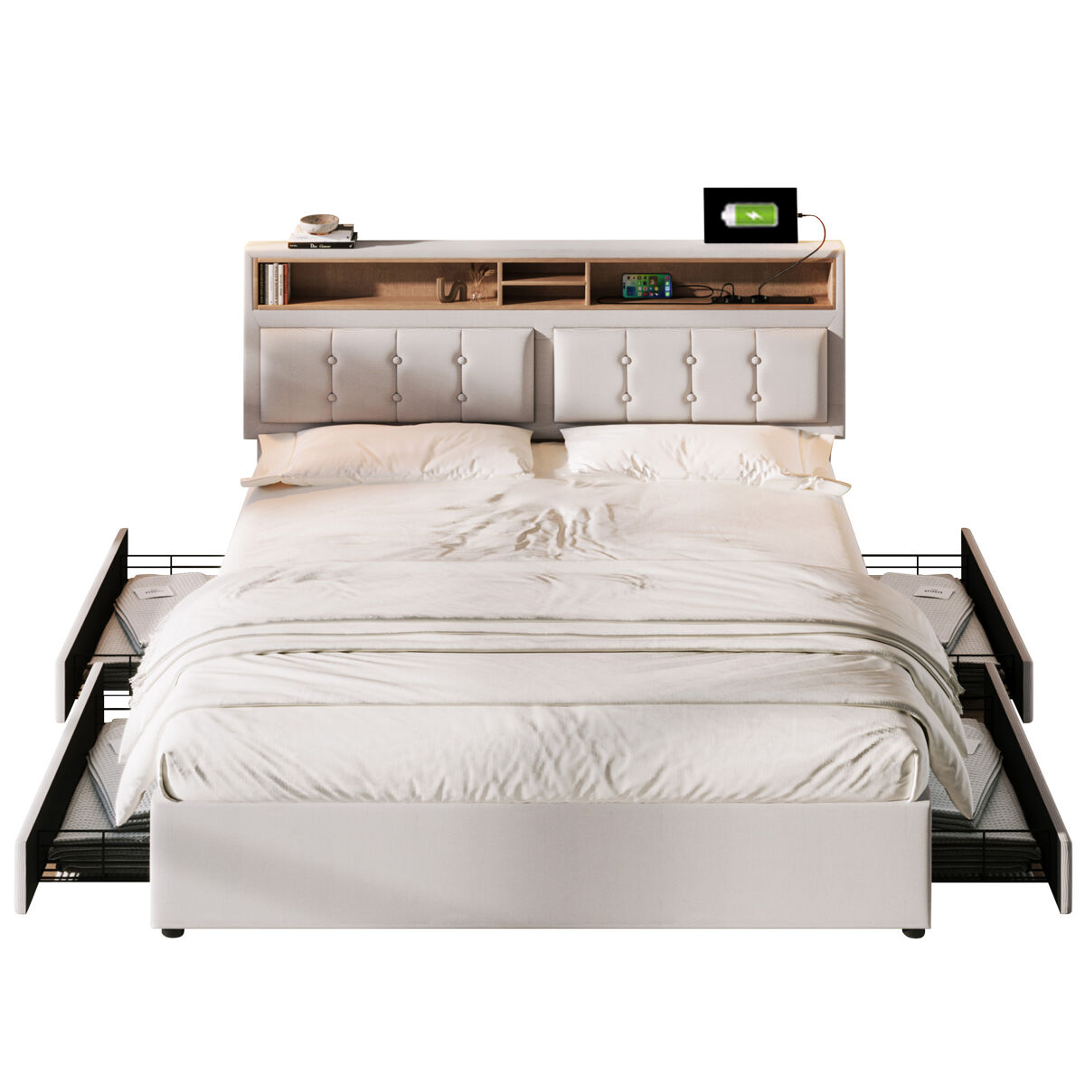Cama de matrimonio de lino con 4 cajónes 143x204