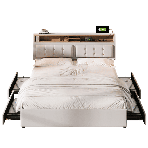 Cama de casal de linho 140x200cm com 4 gavetas,bege