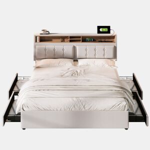 Cama de casal de linho 140x200cm com 4 gavetas,bege