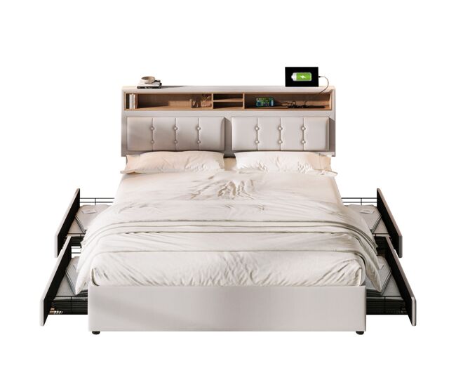 Cama de matrimonio de lino 140x200cm con 4 cajones,beige