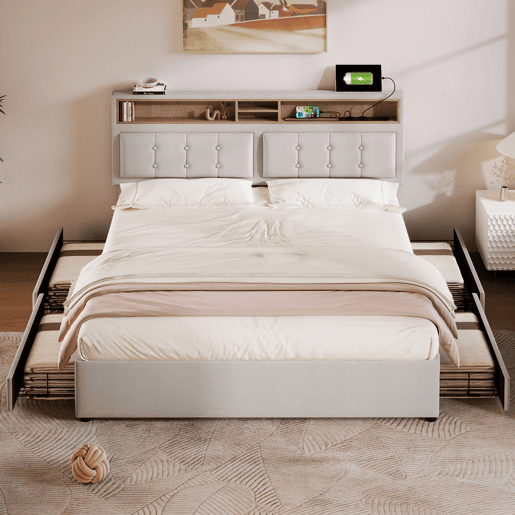 Cama de casal de linho 140x200cm com 4 gavetas,bege