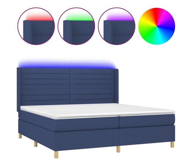 Cama box spring colchón y luces led tela azul 200x200 cm rayas horizontales