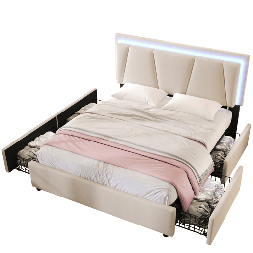 Cama de casal de madeira maciça 160x200cm com 4 gavetas,luz led,bege