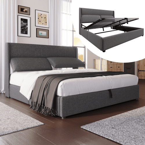 Cama de casal de linho 180x200cm com armazenamento,cinzento