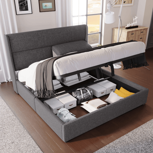 Cama de casal de linho 180x200cm com armazenamento,cinzento