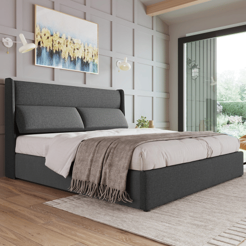 Cama de casal de linho 180x200cm com armazenamento,cinzento