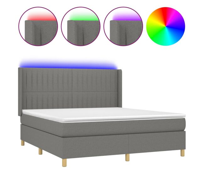 Cama box spring colchón y luces led tela gris oscuro 180x200 cm rayas verticales