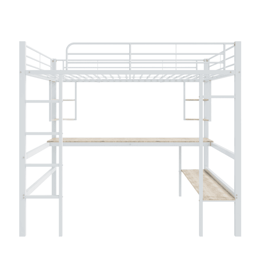 Cama mezzanine em ferro - 90x200 cm - com secretária e 5 prateleiras - Branco