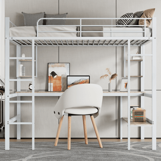 Cama mezzanine em ferro - 90x200 cm - com secretária e 5 prateleiras - Branco