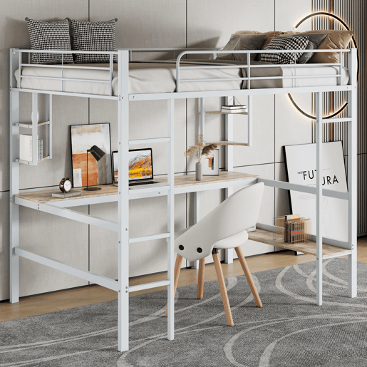 Cama mezzanine em ferro - 90x200 cm - com secretária e 5 prateleiras - Branco