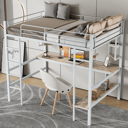 Cama mezzanine em ferro - 90x200 cm - com secretária e 5 prateleiras - Branco