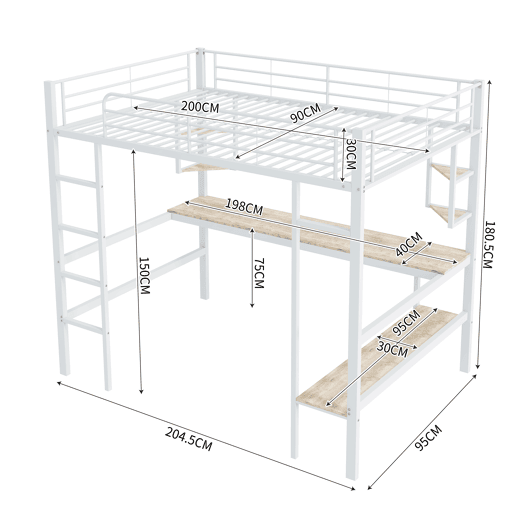 Cama mezzanine em ferro - 90x200 cm - com secretária e 5 prateleiras - Branco
