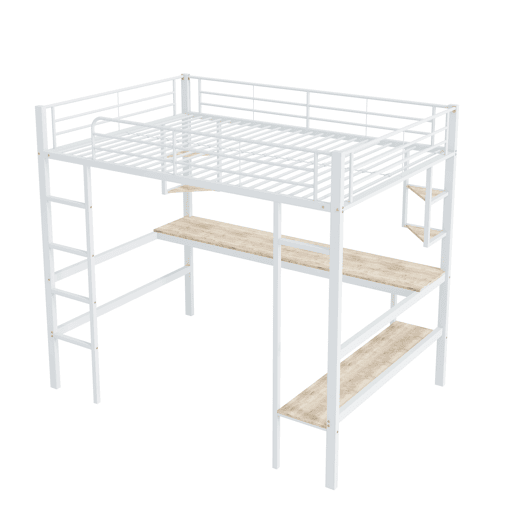 Cama mezzanine em ferro - 90x200 cm - com secretária e 5 prateleiras - Branco