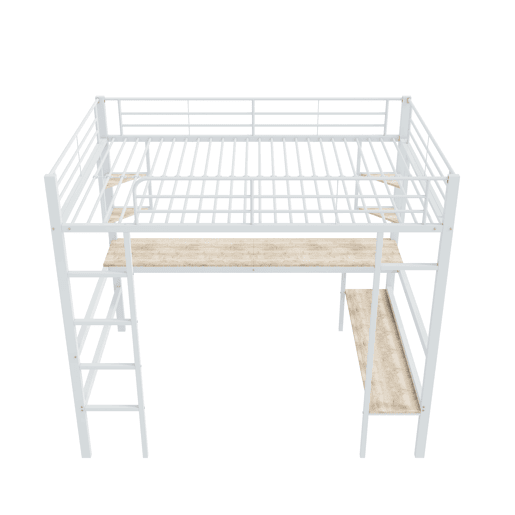 Cama mezzanine em ferro - 90x200 cm - com secretária e 5 prateleiras - Branco