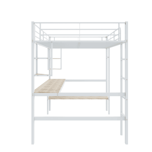 Cama mezzanine em ferro - 90x200 cm - com secretária e 5 prateleiras - Branco