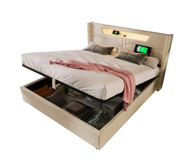 Cama de matrimonio de lino con almacenaje 168x212