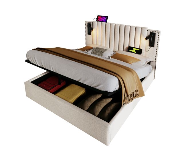 Cama de matrimonio de algodón con almacenaje 167x203
