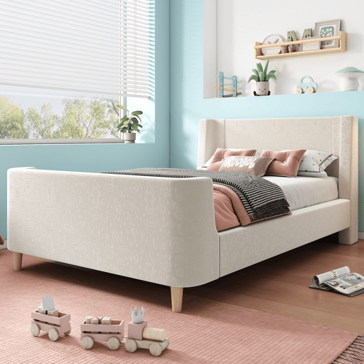 Cama de criança 90x200 cm estofada em veludo bege (colchão não incluído)