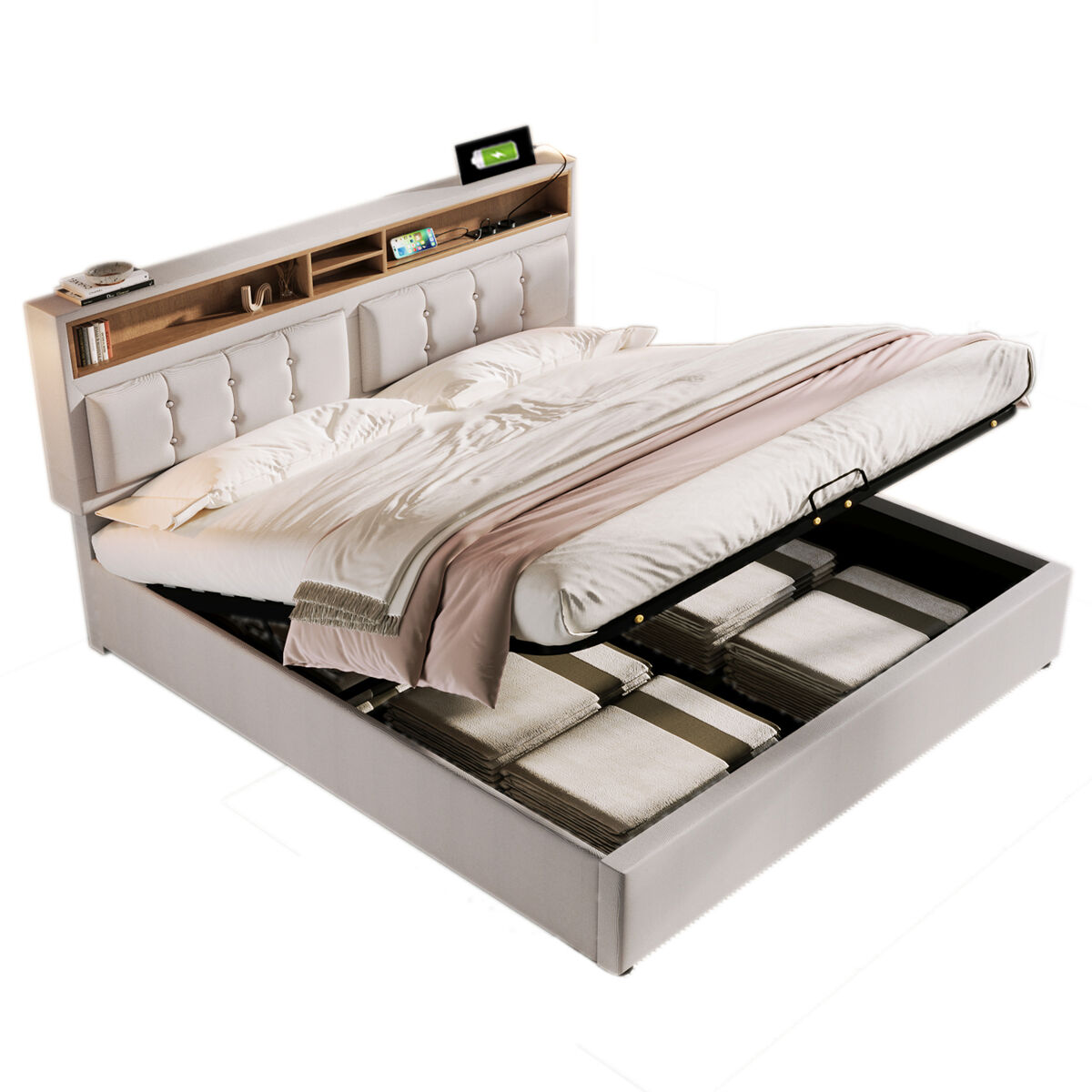 Cama de matrimonio de lino 140x200cm con almacenaje,beige