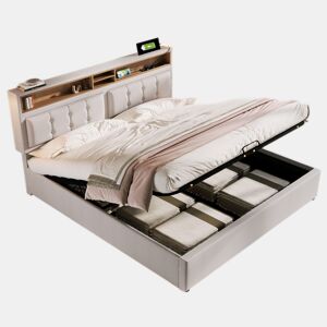 Cama de casal de linho 140x200cm com armazenamento,bege