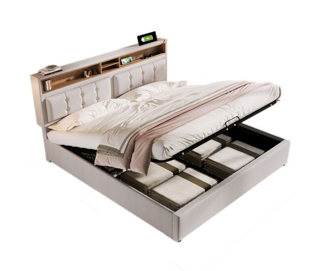 Cama de matrimonio de lino 140x200cm con almacenaje,beige