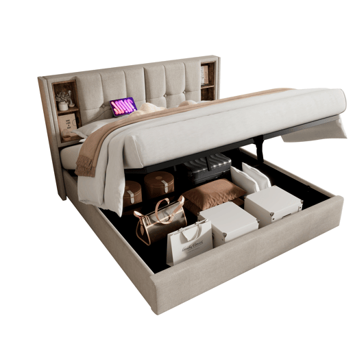 Cama de casal de linho 180x200cm com armazenamento,natural Cama de casal de linho 180x200cm com armazenamento,natural