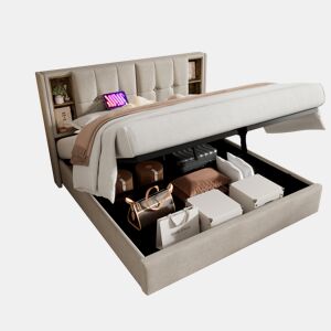 Cama de casal de linho 180x200cm com armazenamento,natural