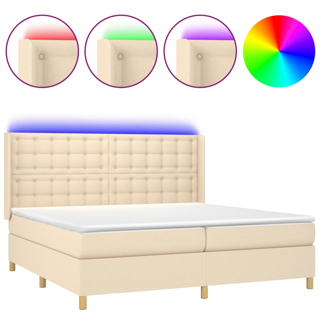 cama box spring colchon y luces led tela crema 200x200 cm botones