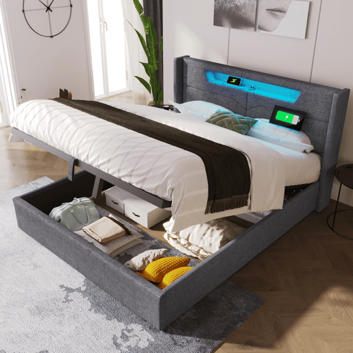 Cama de casal de linho 140x200cm com armazenamento,luz led,cinzento