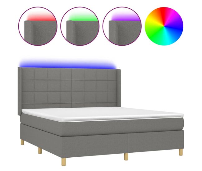 Cama box spring colchón y luces led tela gris oscuro 180x200 cm bloques con cuadros