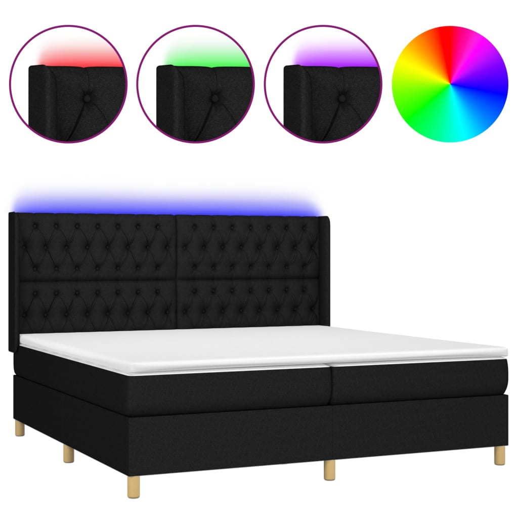 cama box spring colchon y luces led tela negro 200x200 cm diseno de botones