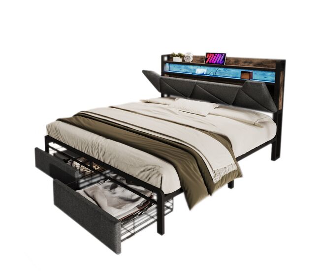 Cama de matrimonio de lino 140x200cm con 2 cajones,luz led,gris