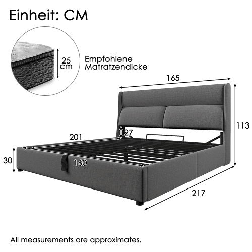 Cama de casal de linho 160x200cm com armazenamento,cinzento