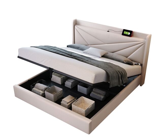 Cama de matrimonio de lino 160x200cm con almacenaje,beige
