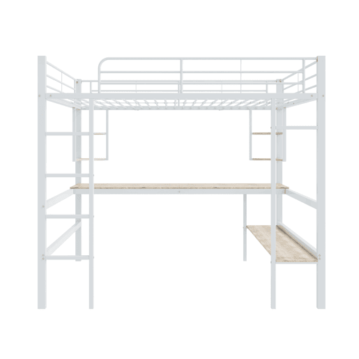 Cama mezzanine em ferro - 140x200 cm - com secretária e 5 prateleiras - Branco