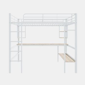 Cama mezzanine em ferro - 140x200 cm - com secretária e 5 prateleiras - Branco