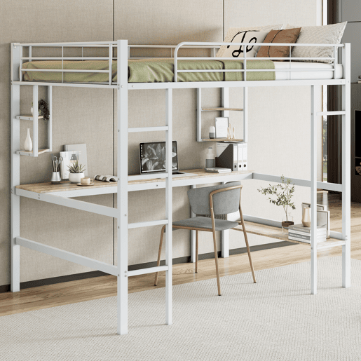 Cama mezzanine em ferro - 140x200 cm - com secretária e 5 prateleiras - Branco