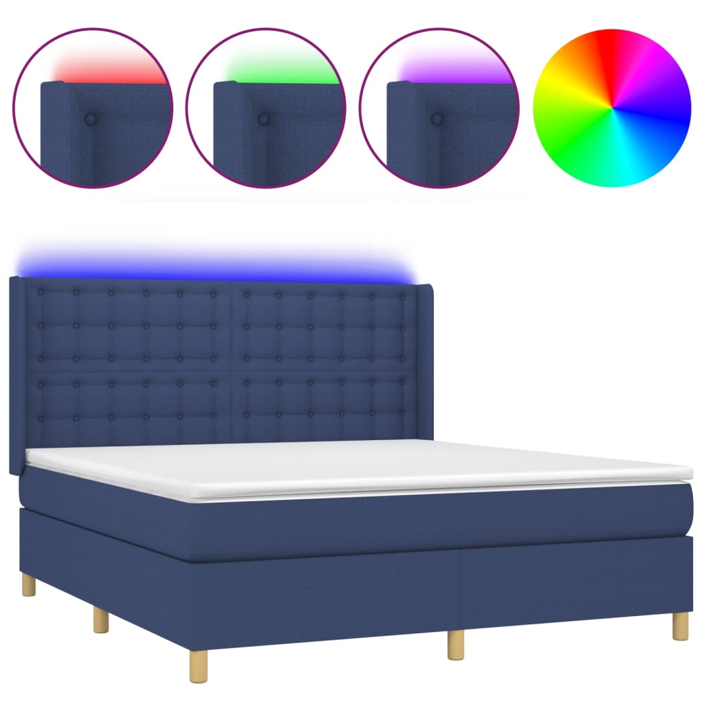 Cama box spring colchón y luces led tela azul 160x200 cm botones