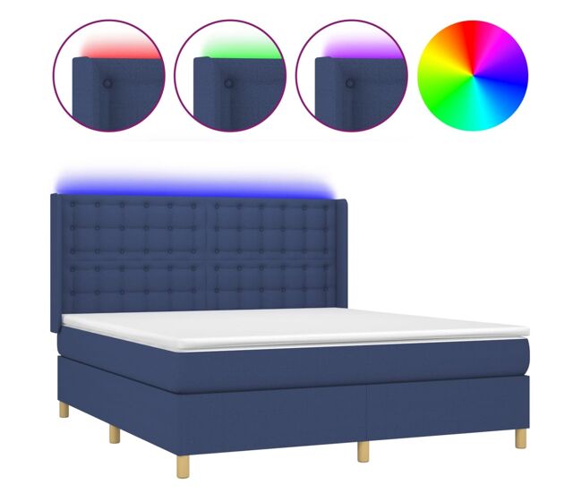 Cama box spring colchón y luces led tela azul 160x200 cm botones