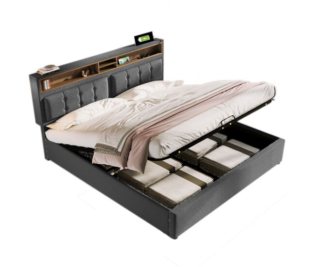 Cama de matrimonio de lino 140x200cm con almacenaje,gris
