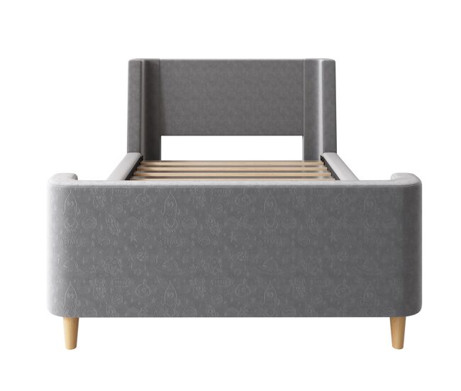 Cama infantil de 90x200 cm acolchada en terciopelo gris (colchón no incluido)