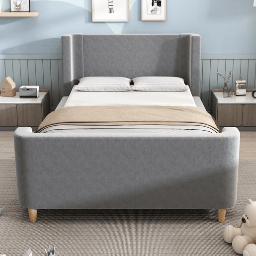 Cama de criança 90x200 cm estofada em veludo cinzento (colchão não incluído)