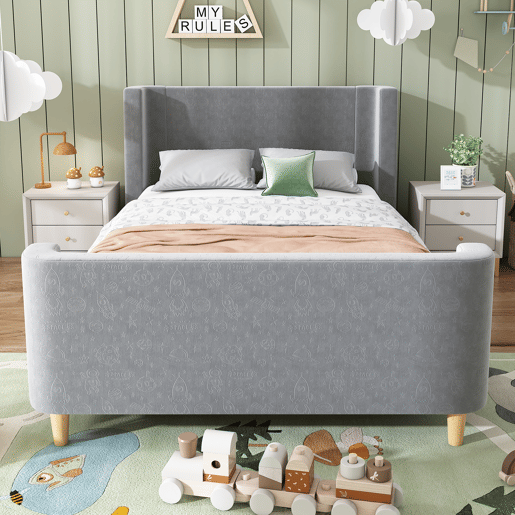 Cama de criança 90x200 cm estofada em veludo cinzento (colchão não incluído)